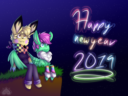 Size: 1600x1200 | Tagged: safe, artist:chu-and-sparky-127, imported from derpibooru, oc, oc:firework spark, anthro, digitigrade anthro, pegasus, pikachu, pony, anthro with ponies, chest fluff, clothes, duo, female, happy new year 2019, looking up, lying down, mare, neckerchief, night, pants, pegasus oc, pokémon, prone, stars, wings