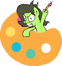 Size: 944x1001 | Tagged: safe, artist:softlava, oc, oc only, oc:filly anon, angry, badge for ponerpics, color palette, female, filly, paint, paintbrush, palette, reeee, simple background, white background, wip