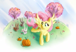 Size: 1280x885 | Tagged: safe, artist:nedemai, fluttershy, pegasus, pony, rabbit, animal, autumn, cheek fluff, chest fluff, ear fluff, female, head turn, leaf, looking at each other, looking at someone, looking back, mare, outdoors, pumpkin, raised hoof, raised leg, running, smiling, solo, spread wings, tree, windswept hair, wings