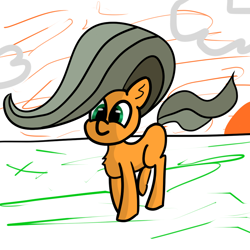 Size: 1000x1000 | Tagged: safe, artist:wren, oc, oc only, oc:autumn wren, pegasus, pony, big hair, cloud, female, filly, grass, solo, sunset, walking