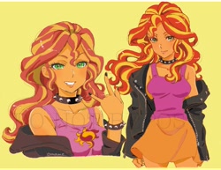 Size: 2048x1581 | Tagged: safe, artist:5mmumm5, kotobukiya, sunset shimmer, equestria girls, bust, choker, clothes, devil horn (gesture), female, jacket, kotobukiya sunset shimmer, leather jacket, looking at you, nail polish, simple background, solo, spiked choker, spiked wristband, wristband, yellow background