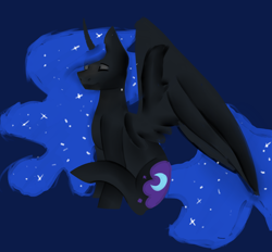 Size: 2000x1852 | Tagged: safe, artist:toptian, nightmare moon, alicorn, pony, blue background, ethereal mane, eyes closed, female, mare, simple background, sitting, solo, starry mane