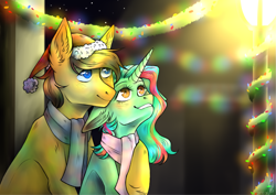 Size: 3065x2167 | Tagged: safe, artist:cappifilk, imported from derpibooru, oc, oc:figure eight, earth pony, unicorn, christmas, clothes, holiday, scarf, yellow eyes