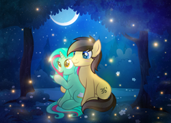 Size: 2697x1941 | Tagged: safe, artist:rish_loo, imported from derpibooru, oc, oc only, oc:figure eight, earth pony, firefly (insect), insect, pony, unicorn, blue eyes, flower, forest, moon, tree, yellow eyes