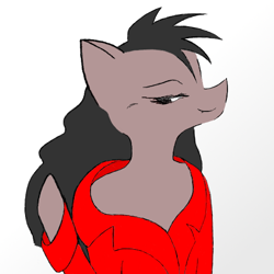 Size: 512x512 | Tagged: safe, artist:kody wiremane, imported from derpibooru, oc, oc only, oc:blackie wiremane, earth pony, pony, semi-anthro, adult, arm hooves, avatar, bangs, bedroom eyes, clothes, dark hair, dark mane, dark skin, fang out, girly, girly stallion, gradient background, hair flip, hair flip (action), lip bite, long hair, long hair male, long mane, long mane male, male, off shoulder, raised eyebrow, red clothes, simple coloring, smiling, smiling at you, solo, stallion, waving