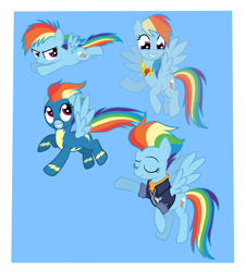 Size: 3046x3374 | Tagged: safe, artist:squipycheetah, imported from derpibooru, part of a set, rainbow dash, pegasus, pony, the last problem, blue background, clothes, dashstorm, element of loyalty, eyes closed, female, filly, filly rainbow dash, flying, happy, happy birthday mlp:fim, looking back, looking down, looking up, mare, mlp fim's tenth anniversary, multeity, older, older rainbow dash, raised eyebrow, raised hoof, self paradox, self ponidox, simple background, smiling, uniform, windswept mane, wonderbolts uniform, younger