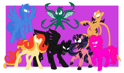 Size: 2200x1300 | Tagged: safe, artist:spyro-for-life, imported from derpibooru, applejack, fluttershy, pinkie pie, rainbow dash, rarity, spike, twilight sparkle, oc, oc:hysteria (symbiote), oc:slasher (symbiote), alicorn, dragon, earth pony, pegasus, pony, unicorn, fanfic:symbioteverse tales, fanfic:the parasite, fanfic:the symbiote, agony (symbiote), alternate hairstyle, crossover, fanfic art, fangs, female, flying, grin, lasher (symbiote), mane seven, mane six, mare, non-pony oc, open mouth, phage (symbiote), raised hoof, raised leg, scream (symbiote), smiling, spider-man, symbiote, tongue out, twilight sparkle (alicorn), venom, winged spike, wings