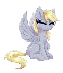 Size: 1748x2018 | Tagged: safe, artist:confetticakez, imported from derpibooru, derpy hooves, pegasus, pony, cheek fluff, chest fluff, cute, derpabetes, ear fluff, eyelashes, eyes closed, female, mare, simple background, sitting, solo, white background