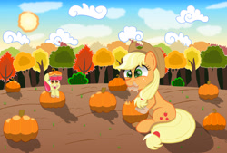 Size: 2160x1460 | Tagged: safe, artist:spellboundcanvas, imported from derpibooru, apple bloom, applejack, earth pony, pony, autumn, bush, cloud, eating, herbivore, horses doing horse things, munching, pumpkin, tree