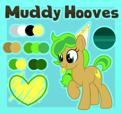 Size: 4065x3825 | Tagged: safe, artist:partylikeanartist, imported from derpibooru, oc, oc only, oc:muddy, earth pony, pony, dunce hat, hat, highlighter, reference sheet, solo