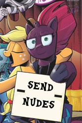 Size: 574x867 | Tagged: safe, edit, idw, imported from derpibooru, applejack, tempest shadow, zecora, spoiler:comic, :i, broken horn, exploitable meme, horn, i mean i see, inverted mouth, meme, send nudes, tempest shadow's sign