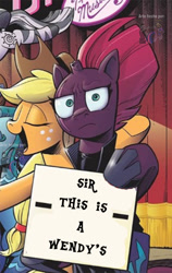 Size: 581x921 | Tagged: safe, edit, idw, imported from derpibooru, applejack, tempest shadow, zecora, spoiler:comic, :i, broken horn, exploitable meme, horn, i mean i see, meme, sir this is a wendy's, tempest shadow's sign