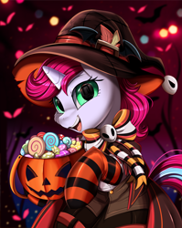 Size: 2550x3209 | Tagged: safe, artist:pridark, imported from derpibooru, part of a set, oc, oc only, oc:blushrune, pony, unicorn, clothes, commission, female, halloween, hat, high res, holiday, jack-o-lantern, mare, open mouth, pumpkin, socks, solo, striped socks, witch hat, ych result