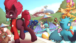 Size: 6000x3375 | Tagged: safe, artist:ohemo, imported from derpibooru, cinder glow, fizzlepop berrytwist, fluttershy, gallus, princess celestia, princess ember, princess luna, rainbow dash, smolder, spike, summer flare, tempest shadow, dragon, griffon, kirin, pegasus, pony, unicorn, absurd resolution, beach ball, broken horn, butt, clothes, eating, eyes on the prize, female, food, frog (hoof), group, horn, lifeguard, looking at butt, male, mare, mouth hold, one-piece swimsuit, plot, pool party, popsicle, raised hoof, raised leg, royal sisters, siblings, sisters, smiling, swimming pool, swimsuit, underhoof, water, water slide, watermelon, whistle