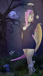 Size: 2160x3840 | Tagged: safe, artist:foxventus, imported from derpibooru, fluttershy, anthro, bat pony, pegasus, unguligrade anthro, 3d, bat ponified, breasts, flutterbat, hair over one eye, looking at you, moon, race swap, solo, source filmmaker, species swap, tree