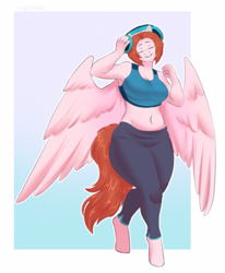 Size: 1677x2031 | Tagged: safe, artist:tragicfame, imported from derpibooru, oc, oc only, oc:weathervane, anthro, pegasus, unguligrade anthro, belly, belly button, breasts, cleavage, clothes, commission, digital art, eyes closed, female, headphones, plump, simple background, smiling, solo, sports bra, tail, wings