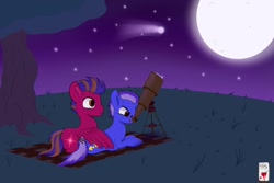 Size: 1280x854 | Tagged: safe, artist:sweetstrokesstudios, imported from derpibooru, oc, pegasus, unicorn, comet, commission, duo, moon, night, shooting star, stars, telescope, tree