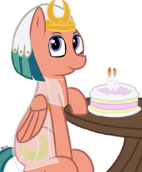 Size: 810x978 | Tagged: safe, artist:danwelo-vx, derpibooru exclusive, imported from derpibooru, somnambula, pegasus, pony, 10, cake, egyptian, egyptian headdress, egyptian pony, female, folded wings, food, happy birthday mlp:fim, headdress, mare, mlp fim's tenth anniversary, simple background, sitting, solo, table, transparent background, wings