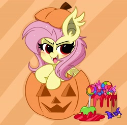 Size: 3704x3642 | Tagged: safe, artist:kittyrosie, imported from derpibooru, fluttershy, bat pony, pony, bat ponified, candy, cute, digital art, female, flutterbat, food, halloween, holiday, jack-o-lantern, pumpkin, race swap, shyabates, shyabetes, smiling, solo