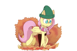 Size: 2550x1694 | Tagged: safe, artist:saturdaymorningproj, imported from derpibooru, fluttershy, pegasus, pony, clothes, hat, leaves, scarf, simple background, solo, transparent background, walking