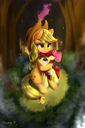 Size: 3000x4500 | Tagged: safe, artist:darksly, imported from derpibooru, apple bloom, applejack, earth pony, pony, ear fluff, female, forest, hug, palindrome get, projector, siblings, sisters, tree