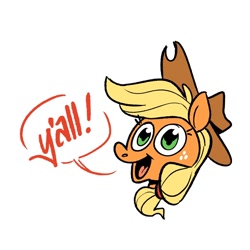 Size: 1280x1280 | Tagged: safe, artist:kylesmeallie, imported from derpibooru, applejack, earth pony, pony, applejack's hat, cowboy hat, female, flanderization, hat, mare, simple background, solo, speech bubble, white background, y'all