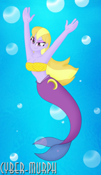 Size: 1560x2696 | Tagged: safe, artist:cyber-murph, imported from derpibooru, lavender lace, mermaid, series:cyber-murph's mermaids, equestria girls, rainbow rocks, arms in the air, background human, belly, belly button, bikini, bubble, clothes, fish scales, flowing hair, mermaidized, scales, signature, species swap, swimsuit, trixie and the illusions, underwater