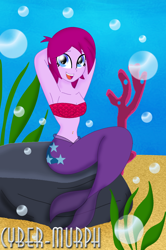 Size: 1404x2120 | Tagged: safe, artist:cyber-murph, imported from derpibooru, fuchsia blush, mermaid, series:cyber-murph's mermaids, equestria girls, rainbow rocks, arm behind head, background human, belly, belly button, belly piercing, bellyring, bikini, bubble, clothes, coral, fish scales, mermaidized, piercing, rock, scales, seaweed, short hair, signature, sitting, species swap, swimsuit, underwater