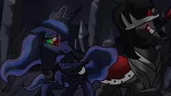 Size: 1024x576 | Tagged: safe, artist:thewolfpack15, imported from derpibooru, king sombra, princess luna, alicorn, pony, unicorn, armor, bevor, cape, chestplate, clothes, corrupted, corrupted luna, crown, crystal, crystal empire, curved horn, dark, dark crystal, dark luna, dark magic, dark princess, darkness, darkuna, duo, female, glowing eyes, gorget, grin, helmet, horn, implied lumbra, implied shipping, jewelry, magic, male, mare, necklace, peytral, possessed, possessed luna, possession, possessive, regalia, robe, shipping, smiling, smug, sombra empire, sombra eyes, sombra's cape, sombra's robe, stallion, straight, tiara, tyrant luna