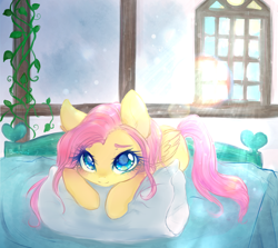 Size: 2000x1782 | Tagged: safe, artist:bunnini, imported from derpibooru, fluttershy, pegasus, pony, bed, cute, female, looking at you, lying down, mare, morning ponies, pillow, prone, shyabetes, smiling, solo