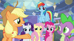 Size: 1920x1080 | Tagged: safe, imported from derpibooru, screencap, applejack, fluttershy, pinkie pie, rainbow dash, rarity, spike, dragon, earth pony, the ending of the end, chalkboard, winged spike, wings