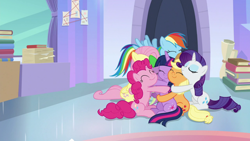 Size: 1920x1080 | Tagged: safe, imported from derpibooru, screencap, applejack, fluttershy, pinkie pie, rainbow dash, rarity, spike, twilight sparkle, alicorn, dragon, earth pony, the ending of the end, book, group hug, hug, mane seven, mane six, twilight sparkle (alicorn), winged spike, wings