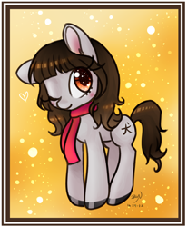 Size: 1972x2394 | Tagged: safe, artist:bunnini, imported from derpibooru, oc, oc only, earth pony, pony, clothes, female, mare, one ear down, one eye closed, ponysona, scarf, solo, wink