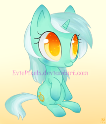 Size: 1484x1734 | Tagged: safe, artist:bunnini, imported from derpibooru, lyra heartstrings, pony, unicorn, blushing, chibi, colored pupils, cute, female, gradient background, lyrabetes, mare, sitting, solo, watermark