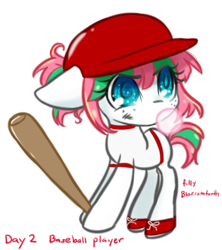 Size: 864x974 | Tagged: safe, artist:bunnini, imported from derpibooru, blossomforth, pegasus, pony, ask filly blossomforth, baseball bat, baseball helmet, bubblegum, cute, female, filly, filly blossomforth, floppy ears, food, gum, missing wing, simple background, solo, transparent background, younger