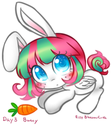 Size: 864x974 | Tagged: safe, artist:bunnini, imported from derpibooru, blossomforth, pegasus, pony, ask filly blossomforth, bunny ears, carrot, colored pupils, female, filly, filly blossomforth, food, simple background, solo, transparent background, younger