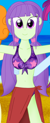 Size: 1658x4063 | Tagged: safe, artist:cyber-murph, imported from derpibooru, mystery mint, starlight, equestria girls, arm behind back, background human, beach, belly button, bikini, breasts, busty starlight, cleavage, clothes, cropped, female, midriff, purple bikini, purple swimsuit, sarong, solo focus, swimsuit