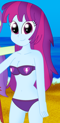 Size: 2032x4153 | Tagged: safe, artist:cyber-murph, imported from derpibooru, mystery mint, starlight, equestria girls, arm behind back, background human, beach, belly button, bikini, breasts, busty mystery mint, cleavage, clothes, cropped, female, midriff, purple bikini, purple swimsuit, sarong, solo focus, swimsuit