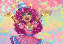 Size: 800x566 | Tagged: safe, artist:theladysknight, imported from derpibooru, pinkie pie, human, alternate hairstyle, clothes, confetti, dark skin, dress, ear piercing, earring, eyeshadow, female, hat, human coloration, humanized, jewelry, makeup, open mouth, party hat, piercing, solo