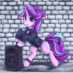 Size: 4200x4200 | Tagged: safe, artist:lakunae, imported from derpibooru, starlight glimmer, pony, unicorn, absurd file size, absurd resolution, alternate hairstyle, bipedal, clothes, edgelight glimmer, female, gameloft interpretation, jacket, looking at you, mare, piercing, punk, solo, speaker