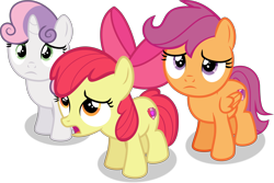 Size: 13066x8704 | Tagged: safe, artist:thatusualguy06, imported from derpibooru, apple bloom, scootaloo, sweetie belle, earth pony, pegasus, pony, unicorn, growing up is hard to do, .svg available, absurd resolution, adorabloom, cute, cutealoo, cutie mark crusaders, diasweetes, female, filly, sad, sadorable, show accurate, simple background, transparent background, vector