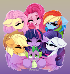 Size: 4851x5133 | Tagged: safe, artist:xsatanielx, imported from derpibooru, applejack, fluttershy, pinkie pie, rainbow dash, rarity, spike, twilight sparkle, alicorn, dragon, earth pony, pegasus, pony, unicorn, crying, ear fluff, female, floppy ears, gradient background, happy birthday mlp:fim, mane seven, mane six, mlp fim's tenth anniversary, tears of joy, twilight sparkle (alicorn)