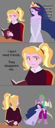 Size: 1729x3993 | Tagged: safe, artist:fantasygerard2000, imported from derpibooru, luster dawn, spike, twilight sparkle, alicorn, anthro, dragon, human, equestria girls, the last problem, book, chair, clothes, comic, crown, desk, dress, equestria girls-ified, gloves, green background, heart attack, human princess twilight, jewelry, older, older spike, older twilight, ponytail, princess twilight 2.0, regalia, simple background, twilight sparkle (alicorn)