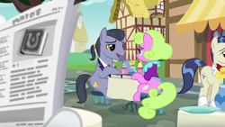 Size: 1280x720 | Tagged: safe, imported from derpibooru, screencap, diamond cutter, lavender bloom, savoir fare, earth pony, pony, fame and misfortune, horte cuisine, male, newspaper, stallion