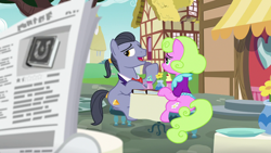 Size: 1280x720 | Tagged: safe, imported from derpibooru, screencap, diamond cutter, lavender bloom, earth pony, pony, fame and misfortune, male, newspaper, stallion