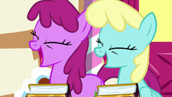 Size: 1280x720 | Tagged: safe, imported from derpibooru, screencap, berry punch, berryshine, sassaflash, earth pony, pegasus, pony, fame and misfortune, berrybetes, cute, duo, eyes closed, female, friendship journal, laughing, laughing hard eh?, mare, open mouth, sassabetes