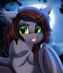 Size: 1722x2003 | Tagged: safe, artist:pridark, imported from derpibooru, oc, oc only, oc:sweet night, oc:sweetnight, bat pony, pony, :p, bat pony oc, bat wings, bust, commission, cute, full moon, looking at you, moon, night, night sky, ocbetes, portrait, sky, solo, tongue out, underhoof, wings