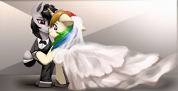 Size: 3110x1589 | Tagged: safe, artist:theprince, imported from derpibooru, oc, oc only, oc:machine storm, pony, unicorn, clothes, dress, tuxedo, wedding dress