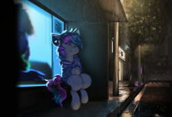 Size: 3000x2043 | Tagged: safe, artist:theprince, imported from derpibooru, oc, oc only, earth pony, pony, bus stop, clothes, headphones, high res, hoodie, nap, rain, reflection, solo, technical advanced, tree