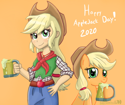 Size: 2047x1728 | Tagged: safe, artist:lordshrekzilla20, imported from derpibooru, applejack, earth pony, pony, equestria girls, applejack day, cider, female, geode of super strength, human ponidox, magical geodes, mare, orange background, self ponidox, simple background